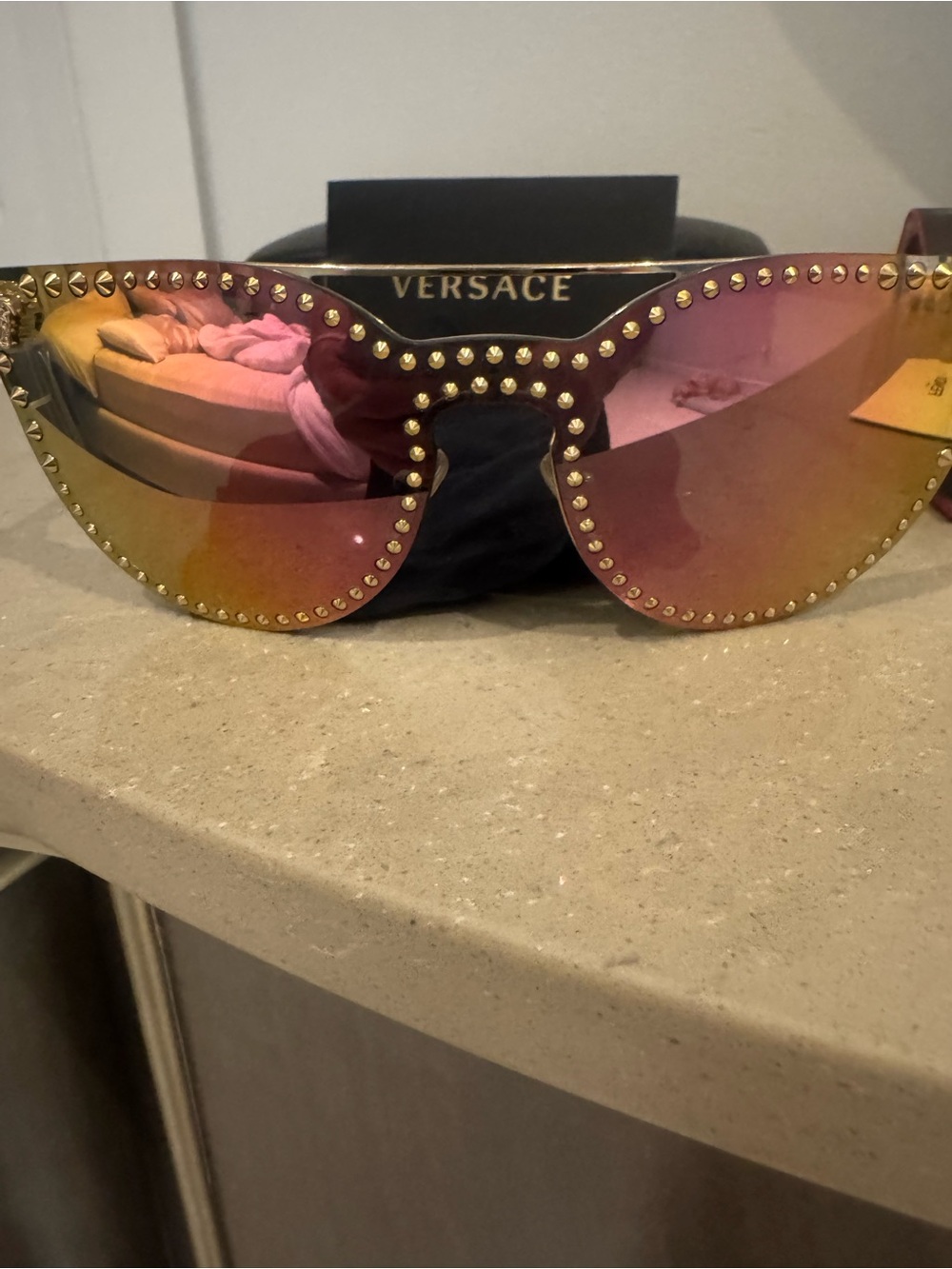 Versace Women's Gold-Stud Shield Sunglasses - Pink Gold Mirror